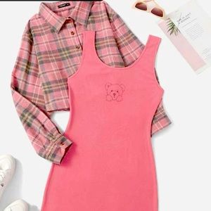 SHEIN Qutie Plus Plaid Blouse & Bear Print Bodycon Dress